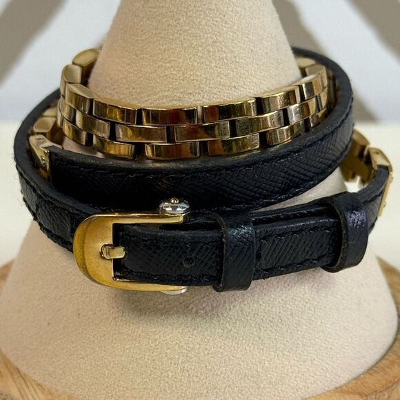 Henri Bendel Black Leather & Gold Chain Link Wrap Bracelet - Picture 1 of 6